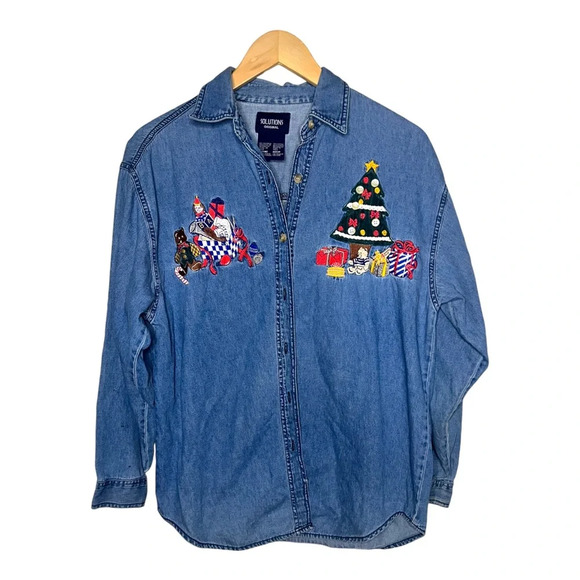 Vintage Christmas Kitschy Shirt Denim Embroidered Cotton - Picture 1 of 3
